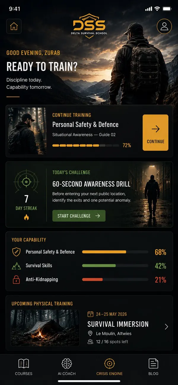 Delta app home screen concept with courses, daily challenges and training progress